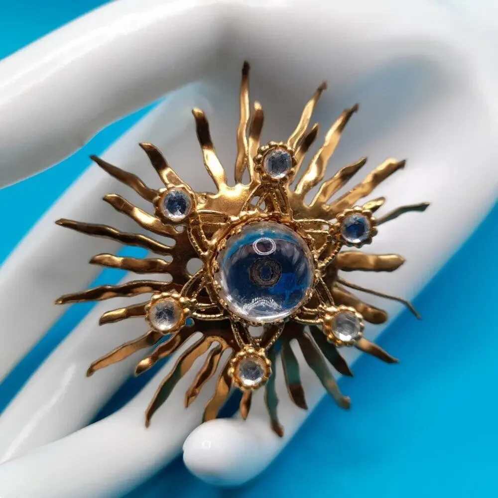 Vintage Celestial Golden Brass Brooch, Clear Cabochons, Early Mid-Century